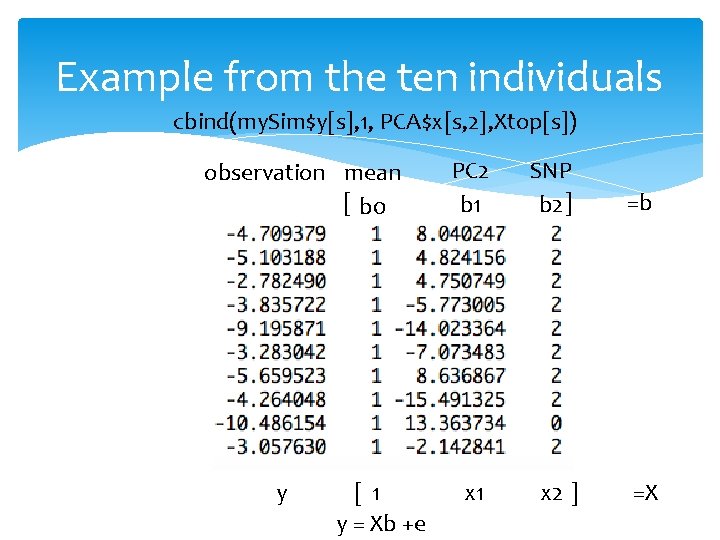 Example from the ten individuals cbind(my. Sim$y[s], 1, PCA$x[s, 2], Xtop[s]) observation mean [