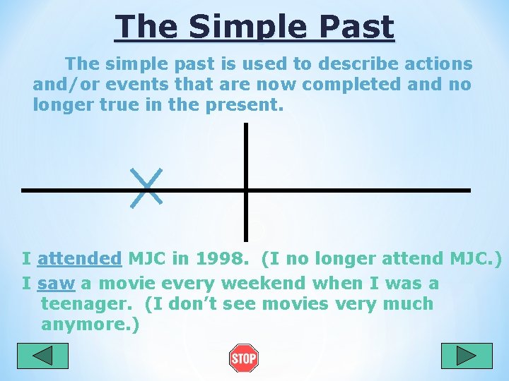 The Simple Past The simple past is used to describe actions and/or events that