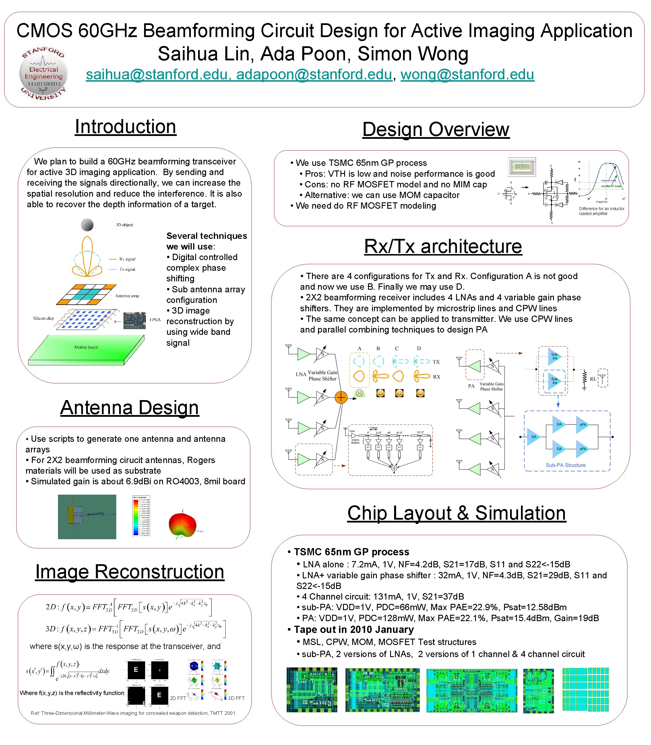 CMOS 60 GHz Beamforming Circuit Design for Active Imaging Application Saihua Lin, Ada Poon,