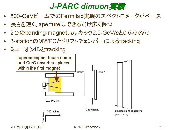 J-PARC dimuon実験 • • • 800 -Ge. VビームでのFermilab実験のスペクトロメータがベース 長さを短く、apertureはできるだけ広く保つ 2台のbending-magnet、p. T キック 2. 5