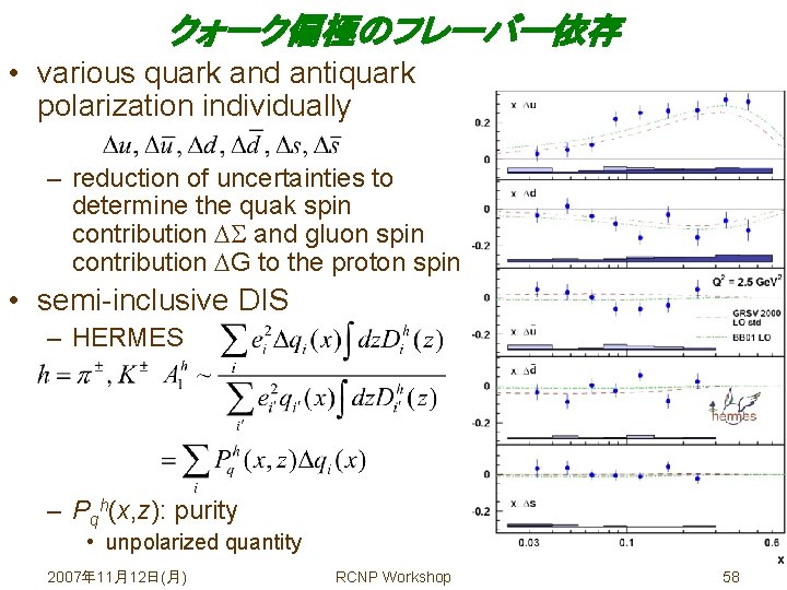 クォーク偏極のフレーバー依存 • various quark and antiquark polarization individually – reduction of uncertainties to determine