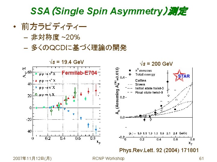 SSA（Single Spin Asymmetry）測定 • 前方ラピディティー – 非対称度 ~20% – 多くのQCDに基づく理論の開発 s = 19. 4