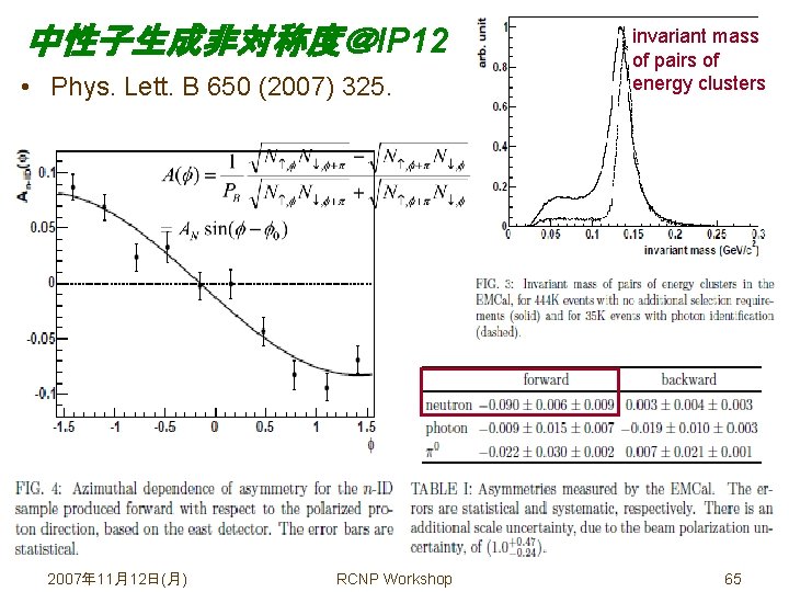中性子生成非対称度＠IP 12 • Phys. Lett. B 650 (2007) 325. 2007年 11月12日(月) RCNP Workshop invariant