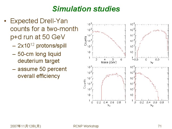 Simulation studies • Expected Drell-Yan counts for a two-month p+d run at 50 Ge.