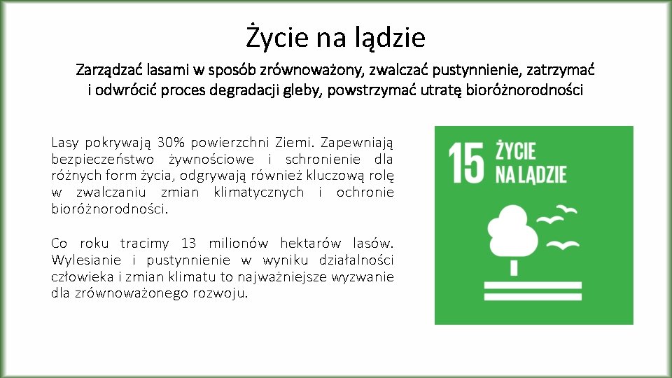 Życie na lądzie Zarządzać lasami w sposób zrównoważony, zwalczać pustynnienie, zatrzymać i odwrócić proces