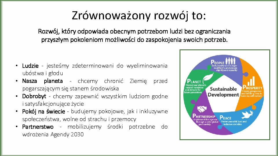 Zrównoważony rozwój to: Rozwój, który odpowiada obecnym potrzebom ludzi bez ograniczania przyszłym pokoleniom możliwości