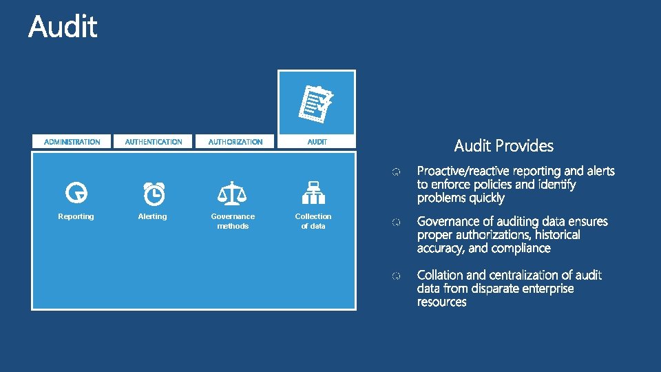 ADMINISTRATION Reporting AUTHENTICATION Alerting AUTHORIZATION Governance methods AUDIT Collection of data Audit Provides 