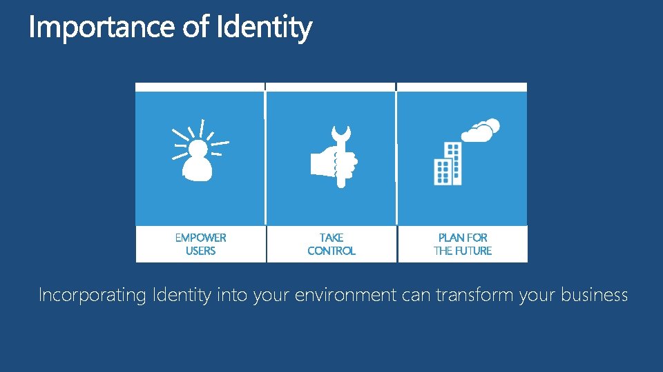 EMPOWER USERS TAKE CONTROL PLAN FOR THE FUTURE Incorporating Identity into your environment can