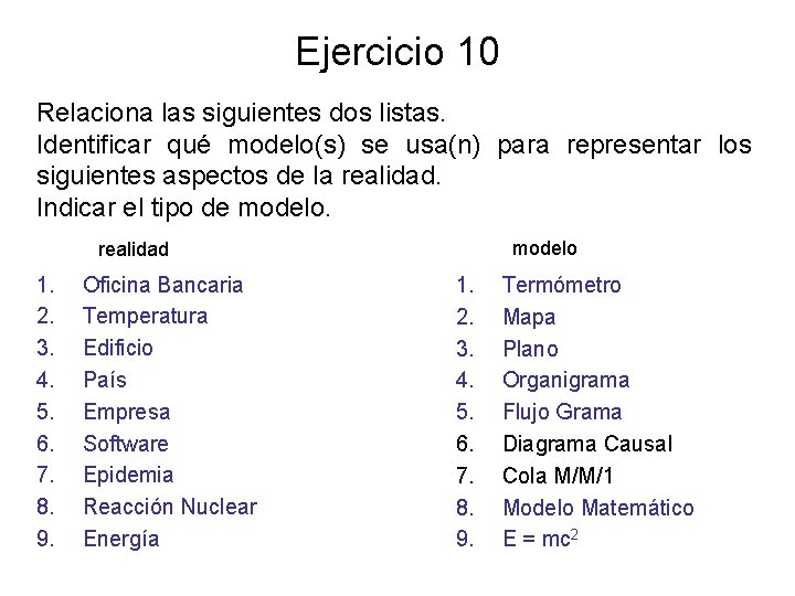 Ejercicio 10 Relaciona las siguientes dos listas. Identificar qué modelo(s) se usa(n) para representar