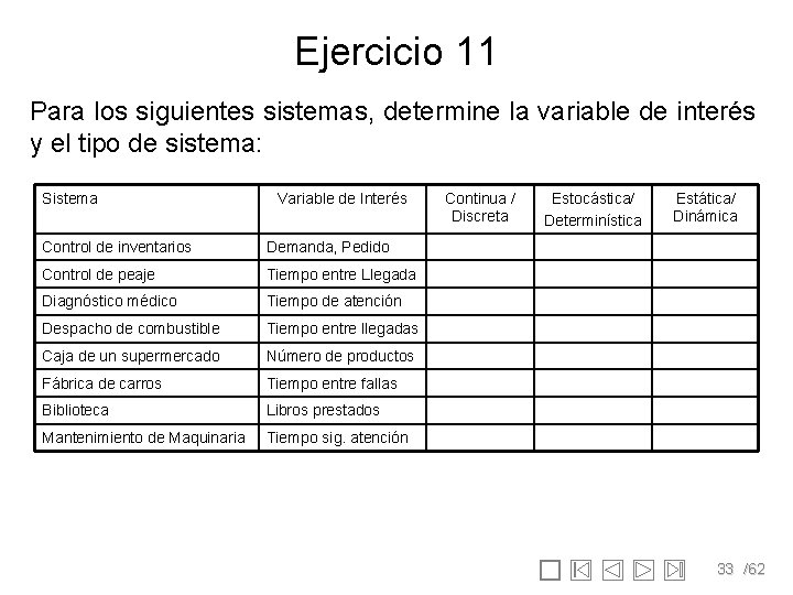 Ejercicio 11 Para los siguientes sistemas, determine la variable de interés y el tipo