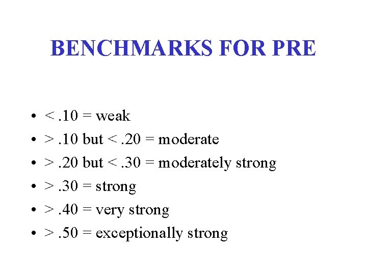 BENCHMARKS FOR PRE • • • <. 10 = weak >. 10 but <.