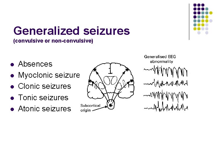 Generalized seizures (convulsive or non-convulsive) l l l Absences Myoclonic seizures Clonic seizures Tonic