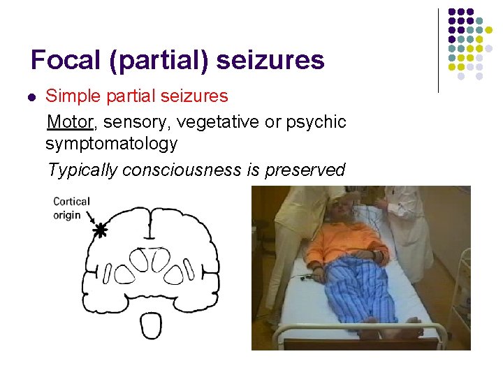 Focal (partial) seizures l Simple partial seizures Motor, sensory, vegetative or psychic symptomatology Typically