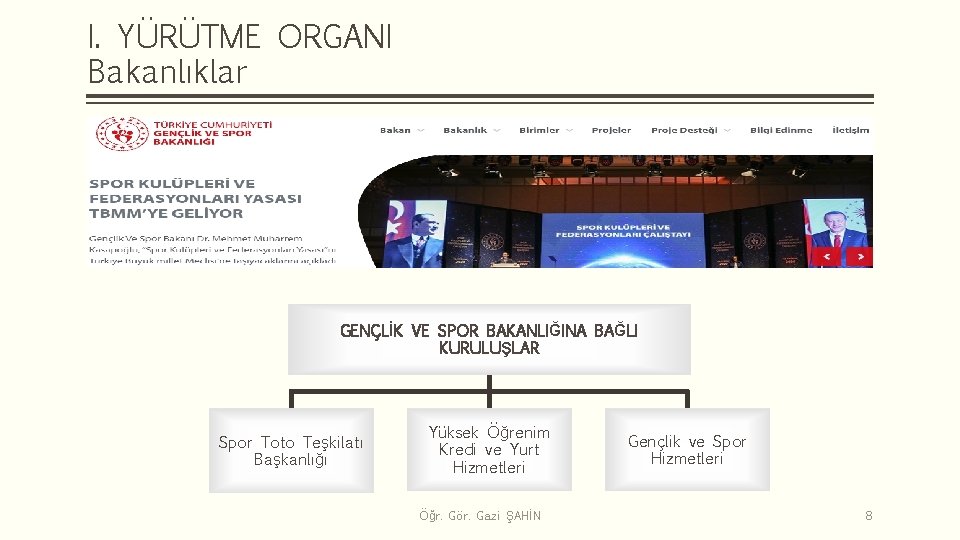 I. YÜRÜTME ORGANI Bakanlıklar GENÇLİK VE SPOR BAKANLIĞINA BAĞLI KURULUŞLAR Spor Toto Teşkilatı Başkanlığı