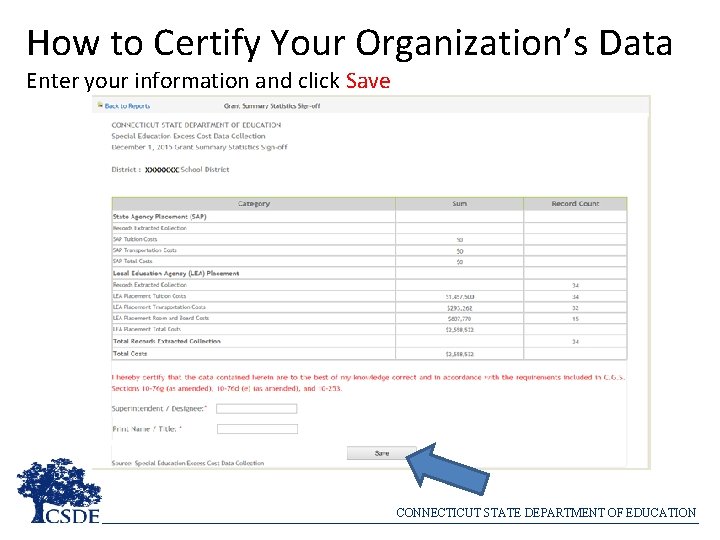 How to Certify Your Organization’s Data Enter your information and click Save CONNECTICUT STATE