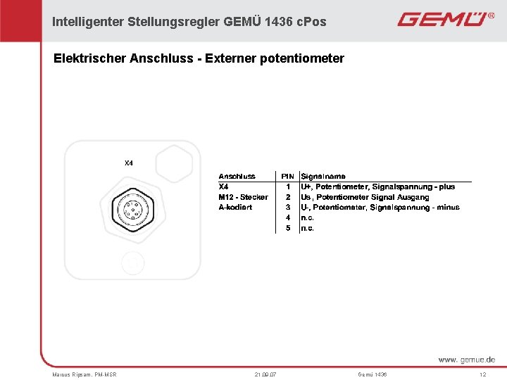 Intelligenter Stellungsregler GEMÜ 1436 c. Pos Elektrischer Anschluss - Externer potentiometer Marcus Ripsam, PM-MSR