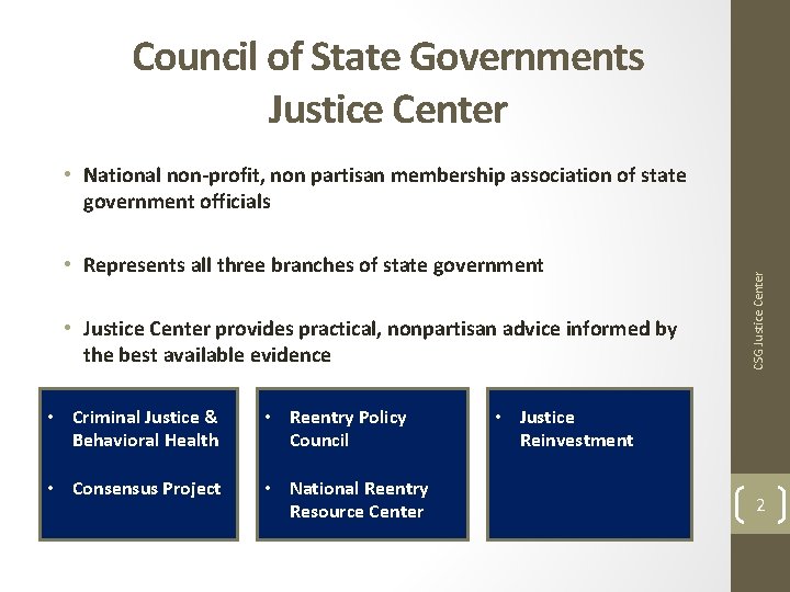 Council of State Governments Justice Center • Represents all three branches of state government