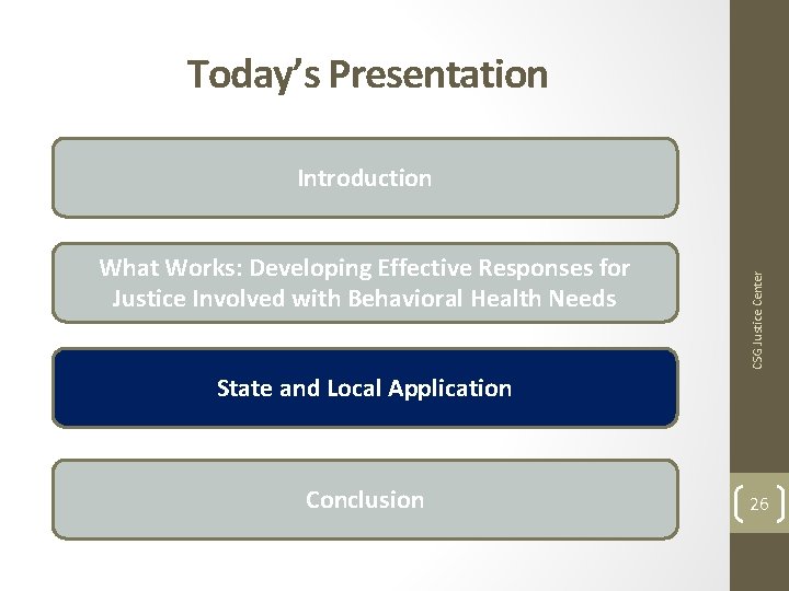 Today’s Presentation What Works: Developing Effective Responses for Justice Involved with Behavioral Health Needs