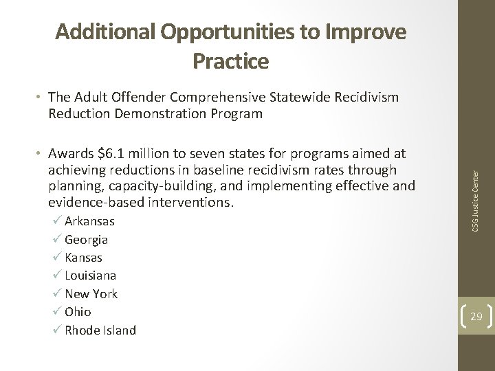 Additional Opportunities to Improve Practice • Awards $6. 1 million to seven states for