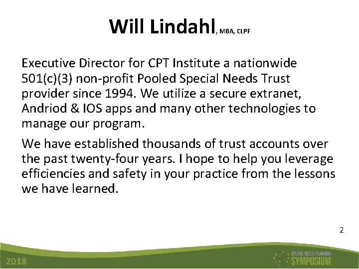 Will Lindahl , MBA, CLPF Executive Director for CPT Institute a nationwide 501(c)(3) non-profit