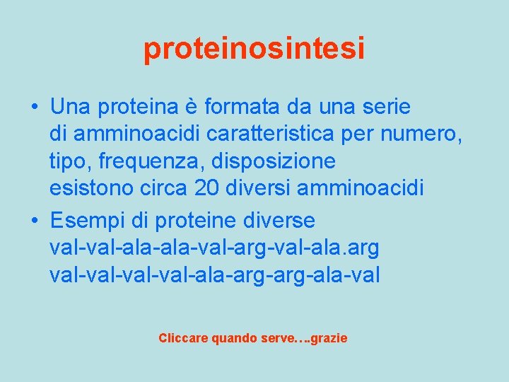 proteinosintesi • Una proteina è formata da una serie di amminoacidi caratteristica per numero,