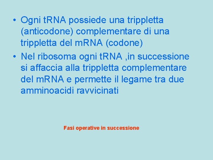  • Ogni t. RNA possiede una trippletta (anticodone) complementare di una trippletta del