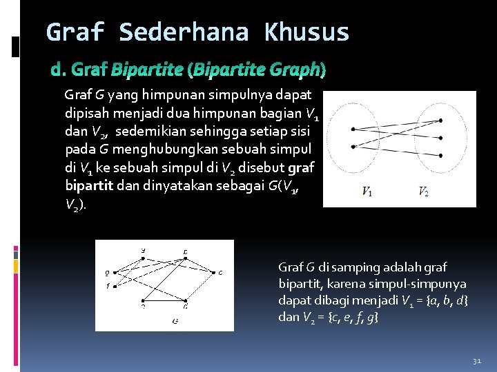 Graf Sederhana Khusus Graf G yang himpunan simpulnya dapat dipisah menjadi dua himpunan bagian