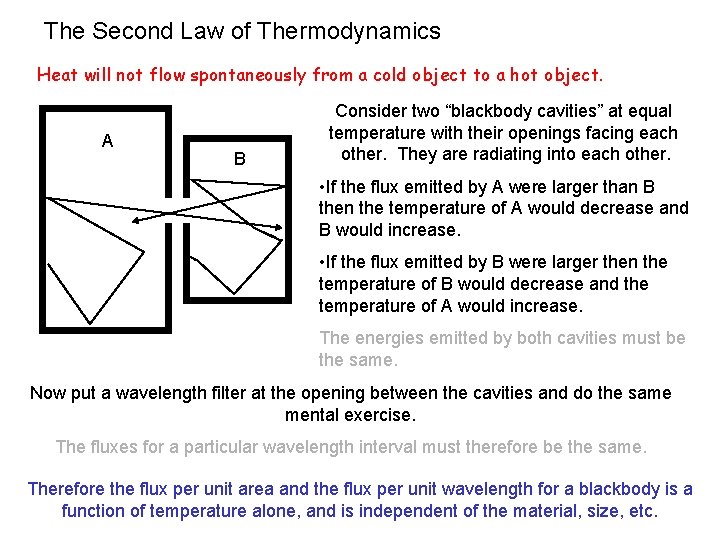 The Second Law of Thermodynamics Heat will not flow spontaneously from a cold object