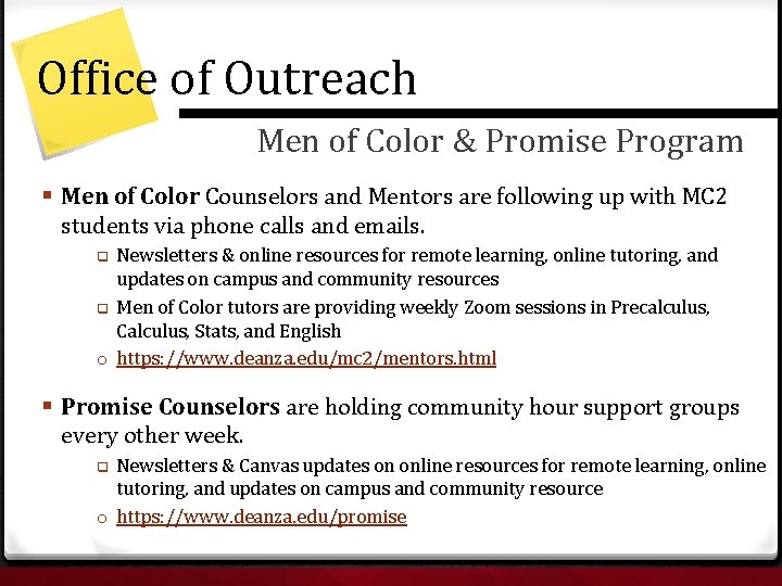 Office of Outreach Men of Color & Promise Program § Men of Color Counselors