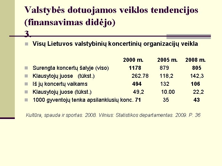 Valstybės dotuojamos veiklos tendencijos (finansavimas didėjo) 3. n Visų Lietuvos valstybinių koncertinių organizacijų veikla