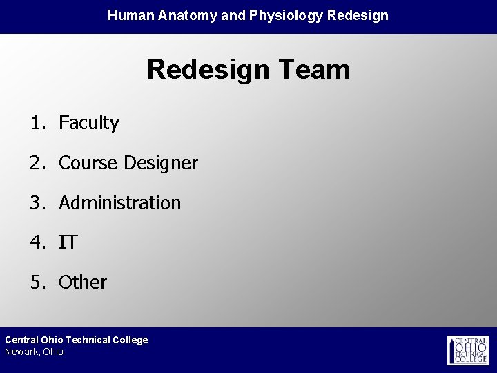 Human Anatomy and Physiology Redesign Team 1. Faculty 2. Course Designer 3. Administration 4.