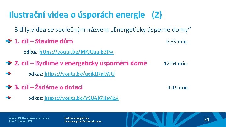 Ilustrační videa o úsporách energie (2) 3 díly videa se společným názvem „Energeticky úsporné