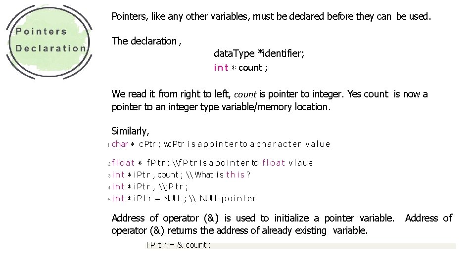 Pointers, like any other variables, must be declared before they can be used. The
