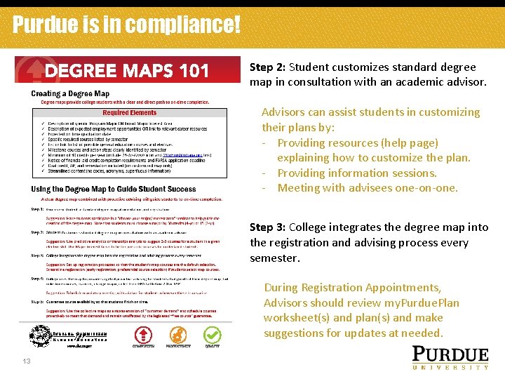 Purdue is in compliance! Step 2: Student customizes standard degree map in consultation with