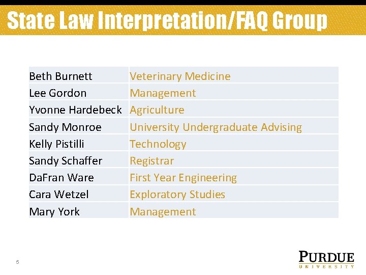 State Law Interpretation/FAQ Group Beth Burnett Lee Gordon Yvonne Hardebeck Sandy Monroe Kelly Pistilli