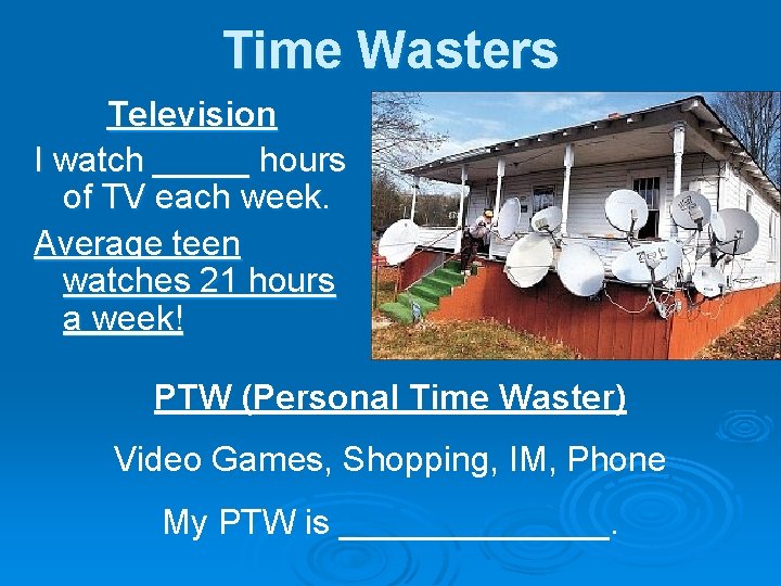 Time Wasters Television I watch _____ hours of TV each week. Average teen watches