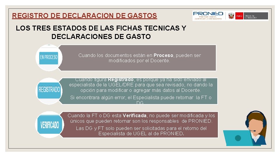 REGISTRO DE DECLARACION DE GASTOS LOS TRES ESTADOS DE LAS FICHAS TECNICAS Y DECLARACIONES