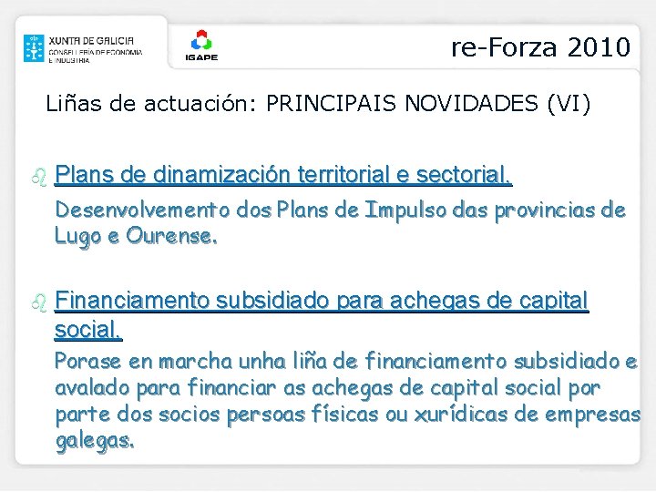 re-Forza 2010 Liñas de actuación: PRINCIPAIS NOVIDADES (VI) b Plans de dinamización territorial e