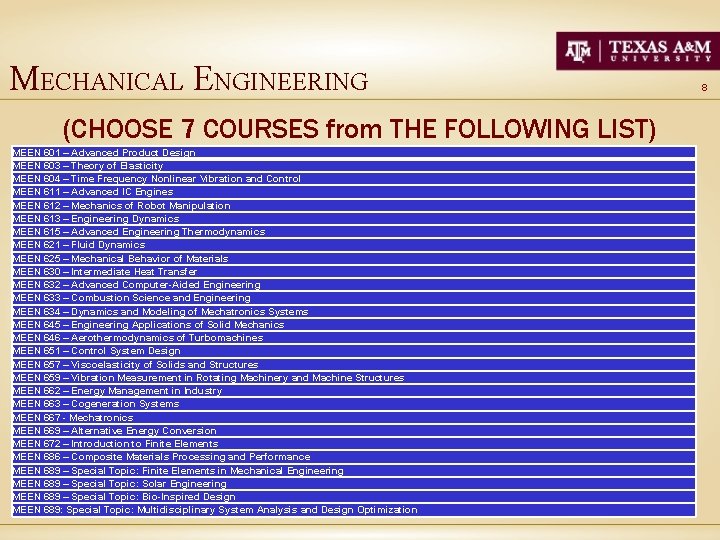 MECHANICAL ENGINEERING (CHOOSE 7 COURSES from THE FOLLOWING LIST) MEEN 601 – Advanced Product