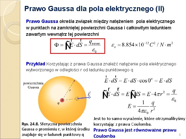 Prawo Gaussa dla pola elektrycznego (II) Prawo Gaussa określa związek między natężeniem pola elektrycznego