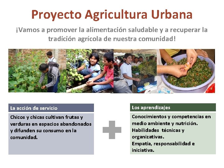Proyecto Agricultura Urbana ¡Vamos a promover la alimentación saludable y a recuperar la tradición