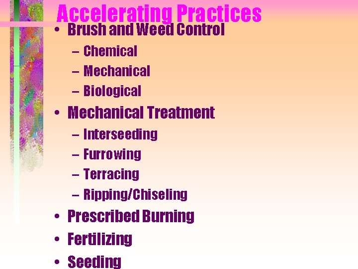 Accelerating Practices • Brush and Weed Control – Chemical – Mechanical – Biological •