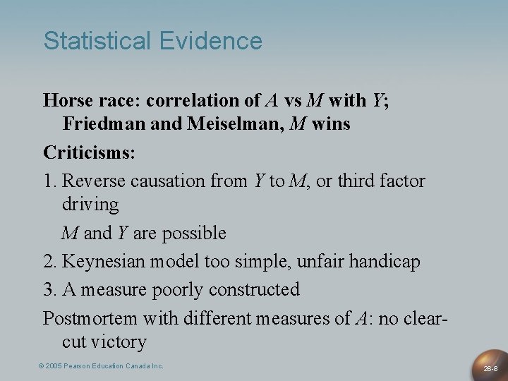 Statistical Evidence Horse race: correlation of A vs M with Y; Friedman and Meiselman,