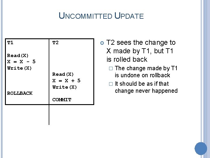 UNCOMMITTED UPDATE T 1 T 2 Read(X) X = X - 5 Write(X) T
