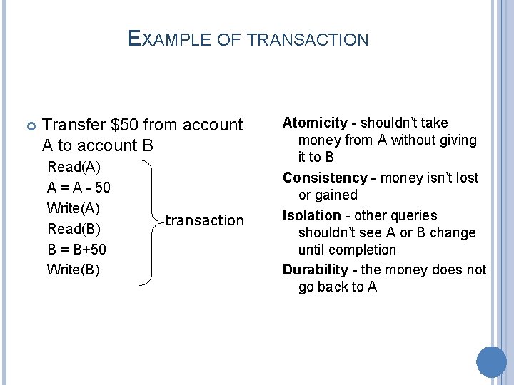 EXAMPLE OF TRANSACTION Transfer $50 from account A to account B Read(A) A =