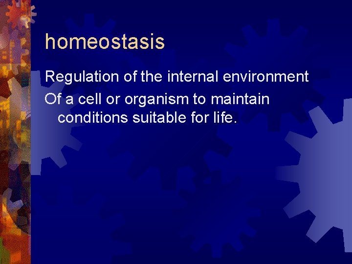 homeostasis Regulation of the internal environment Of a cell or organism to maintain conditions homeostasis Regulation of the internal environment Of a cell or organism to maintain conditions