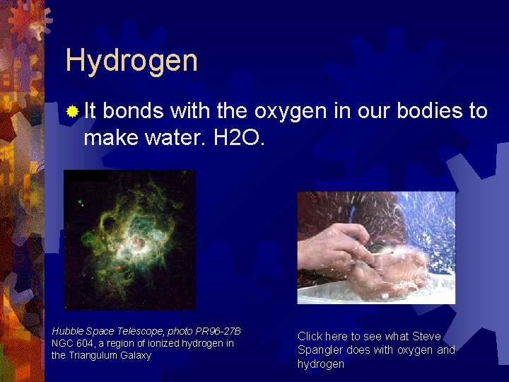 Hydrogen ® It bonds with the oxygen in our bodies to make water. H Hydrogen ® It bonds with the oxygen in our bodies to make water. H
