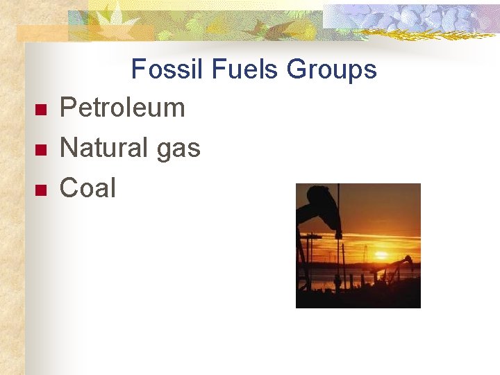 n n n Fossil Fuels Groups Petroleum Natural gas Coal 