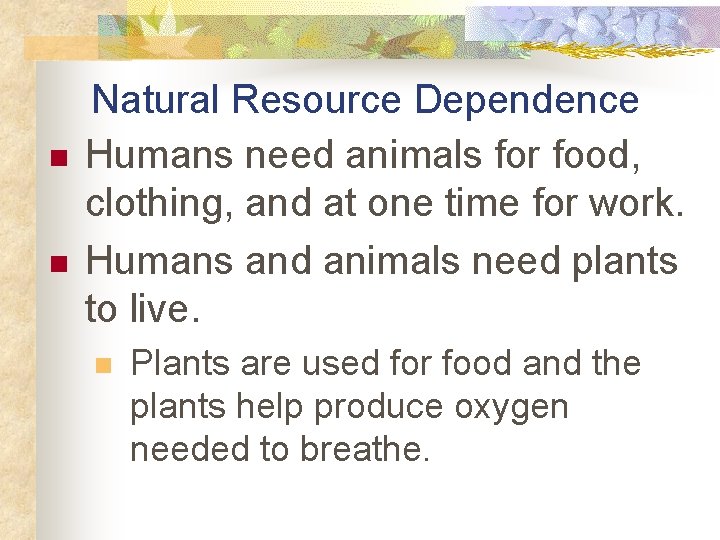 n n Natural Resource Dependence Humans need animals for food, clothing, and at one