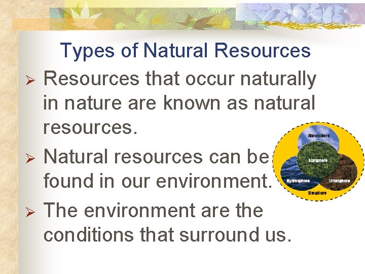 Ø Ø Ø Types of Natural Resources that occur naturally in nature are known